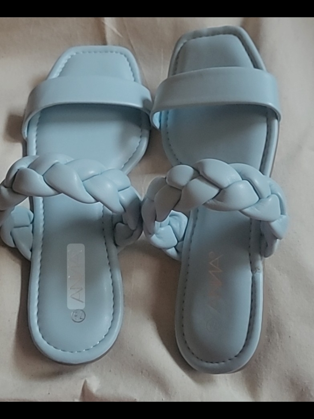 NIB Sz 7.5 Anna Braided Double-Strap Slide Sandals in Light Blue Try On.
